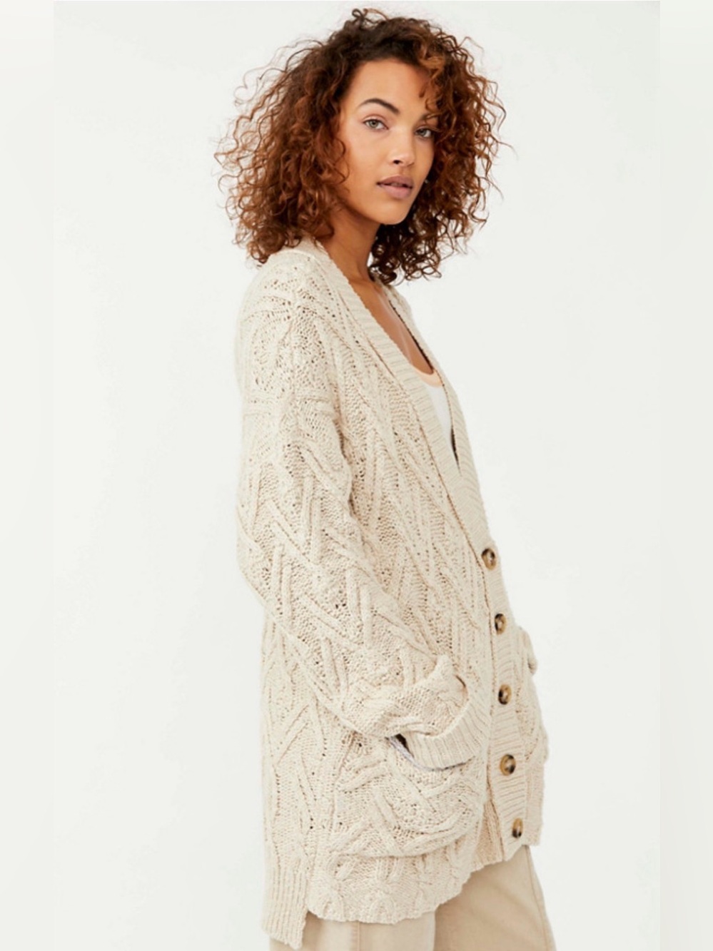 Free People Montana Womens Cardigan Sweater Cream / Tea Color - Size Medium - Picture 2 of 3